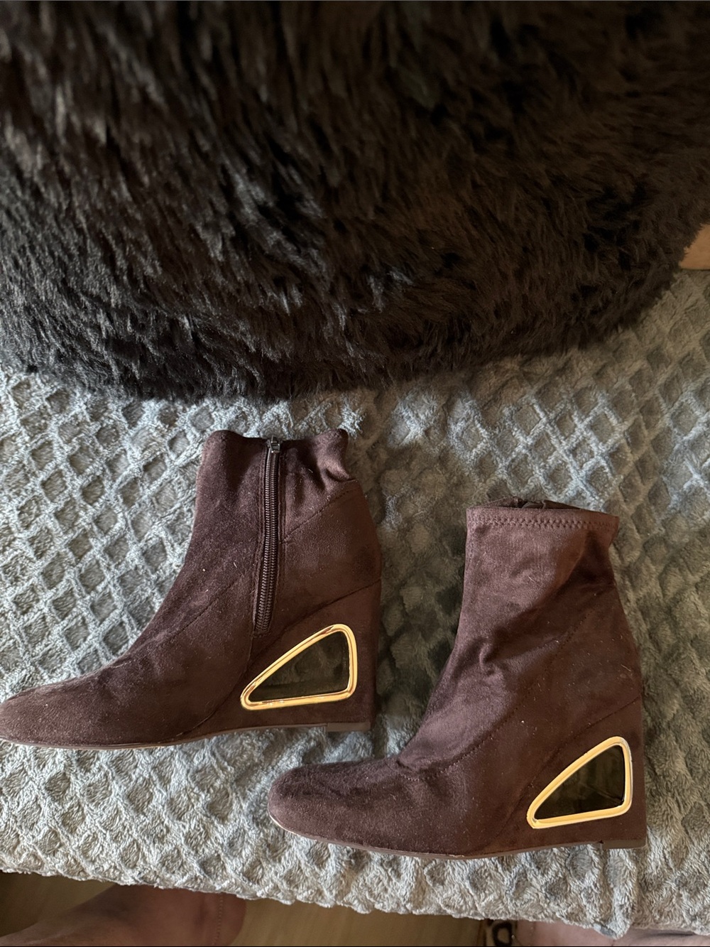 Katy Perry Collections Brown Suede Wedge Ankle Boots with Gold Accent